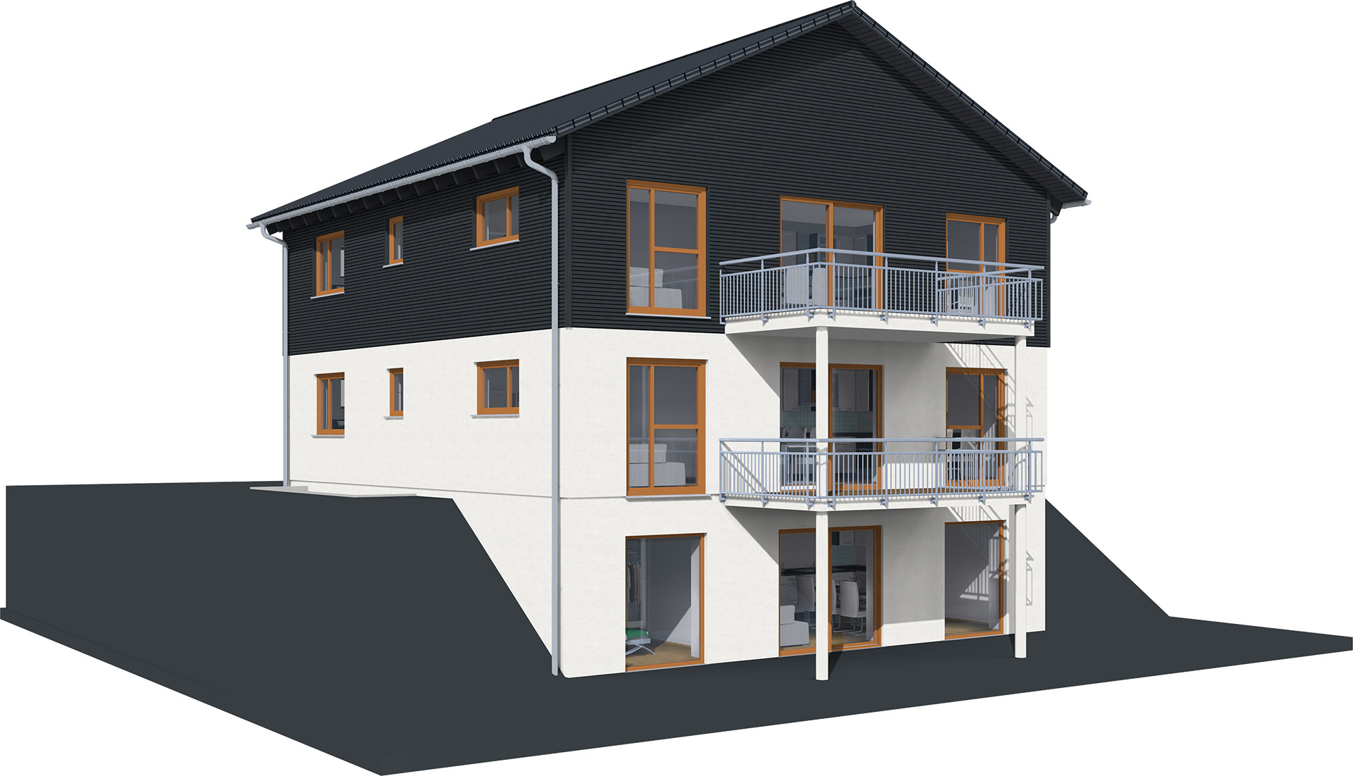 Mehrfamilienhaus mit Satteldach und Balkonen